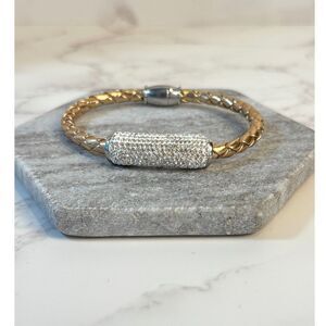 Metallic Gold Color Leather Braided Bracelet W/  Pave Crystal Bar Accent